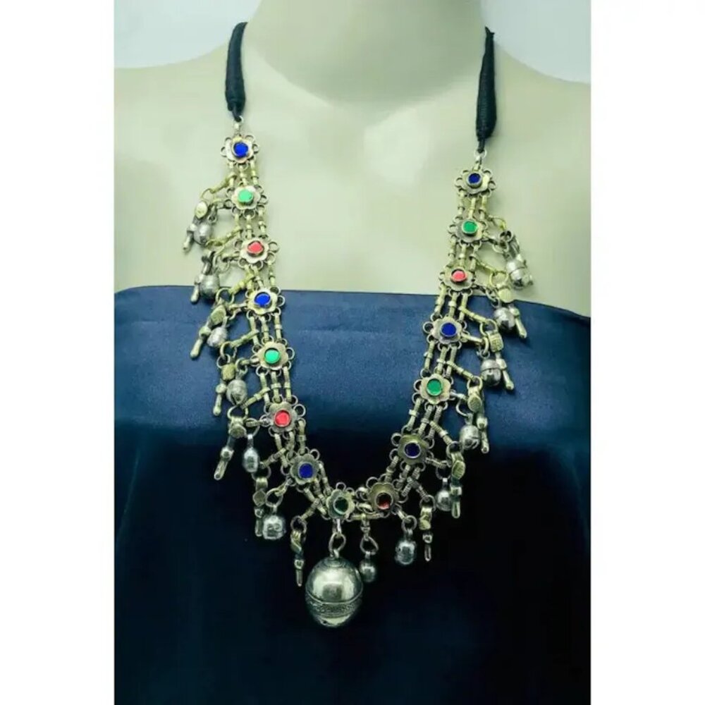 Vintage Bells Tribal Afghan Bib Necklace Silver Kuchi Bib Necklace With Bells